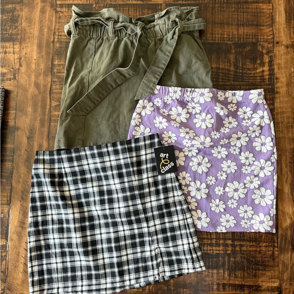 Art Class Mini Skirt Trio - Olive, Lavender, Black Plaid